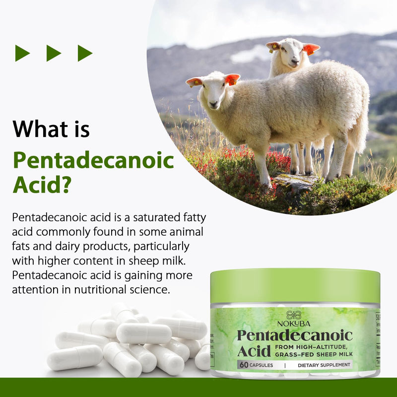 Nokuba Pentadecanoic Acid C15:0 300mg – High-Altitude Sheep Milk Sourced, 120 Capsules | USA Made