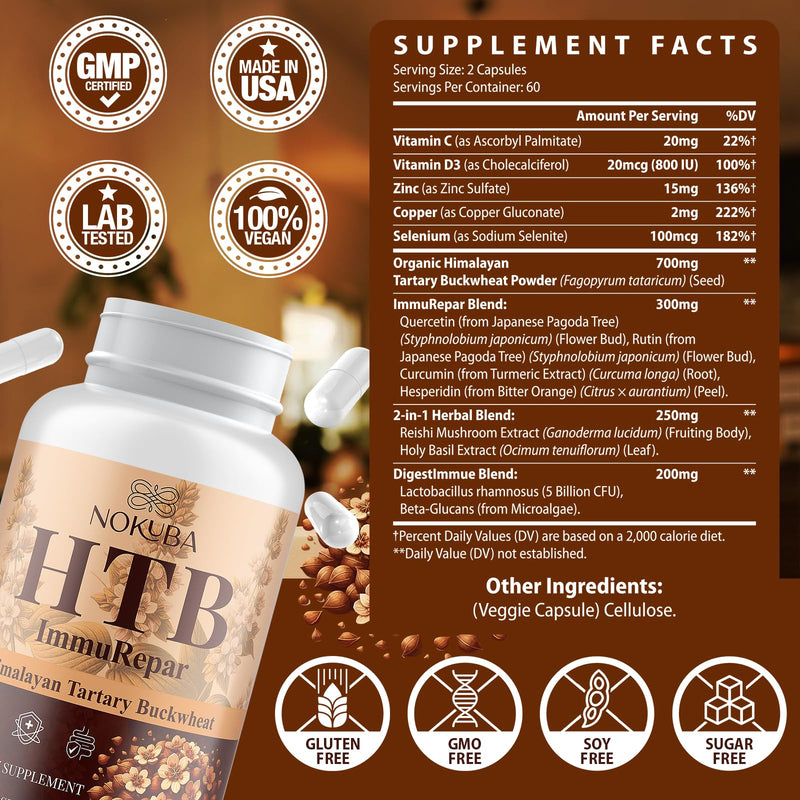 Nokuba Immune Support - Himalayan Tartary Buckwheat, Quercetin, Zinc, Vitamin C & D3 | 120 Vegan Capsules