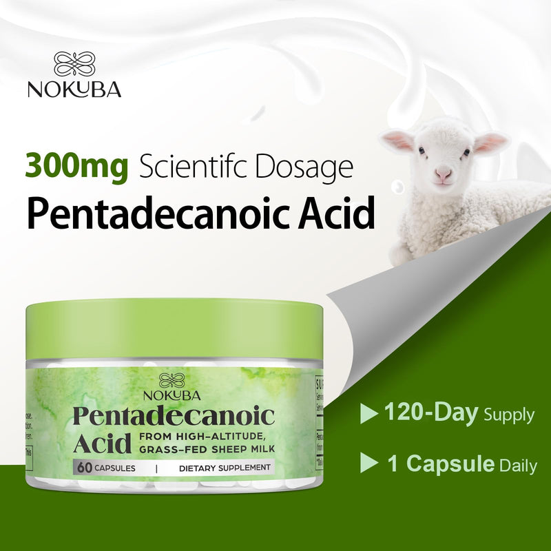Nokuba Pentadecanoic Acid C15:0 300mg – High-Altitude Sheep Milk Sourced, 120 Capsules | USA Made