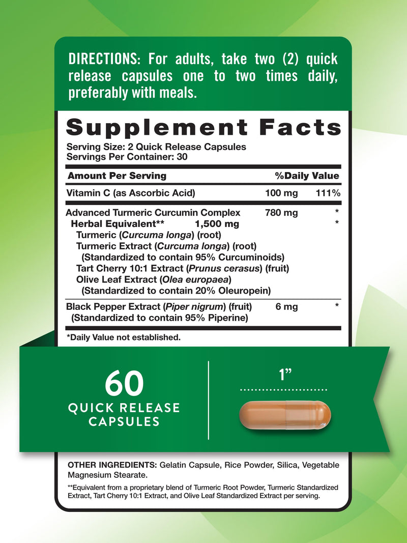 Nature's Truth Turmeric Curcumin 1500 mg – 60 Capsules | Black Pepper, Olive Leaf & Tart Cherry | Non-GMO & Gluten Free