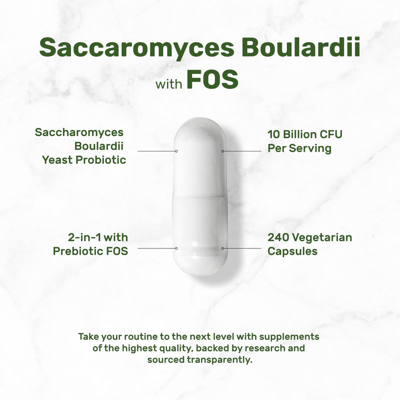 Saccharomyces Boulardii Probiotics + FOS – 10 Billion CFU, 240 Veggie Capsules | Gut, Immune & Digestive Health – Non-GMO