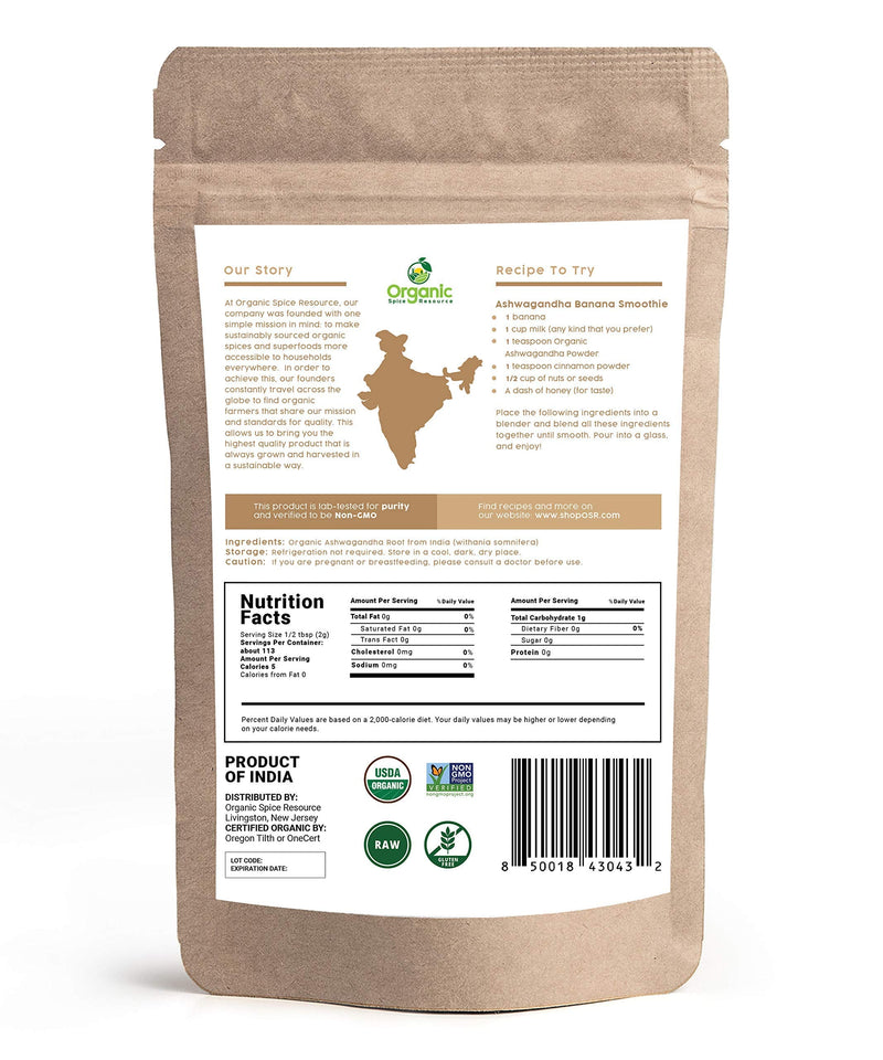 Organic Ashwagandha Root Powder - 8 oz | Lab Tested for Purity | Non-GMO | Resealable Kraft Bag | Withania Somnifera - Indian Ginseng | SHOPOSR