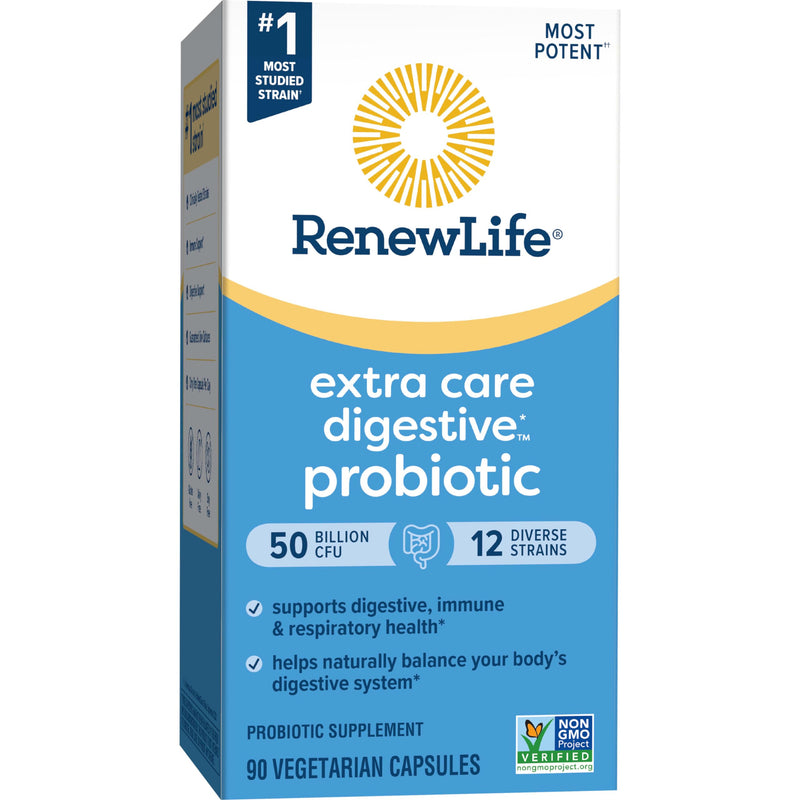 Renew Life Extra Care Probiotic – 50 Billion CFU, 12 Strains, 90 Caps | Gluten-Free, Dairy-Free, Soy-Free