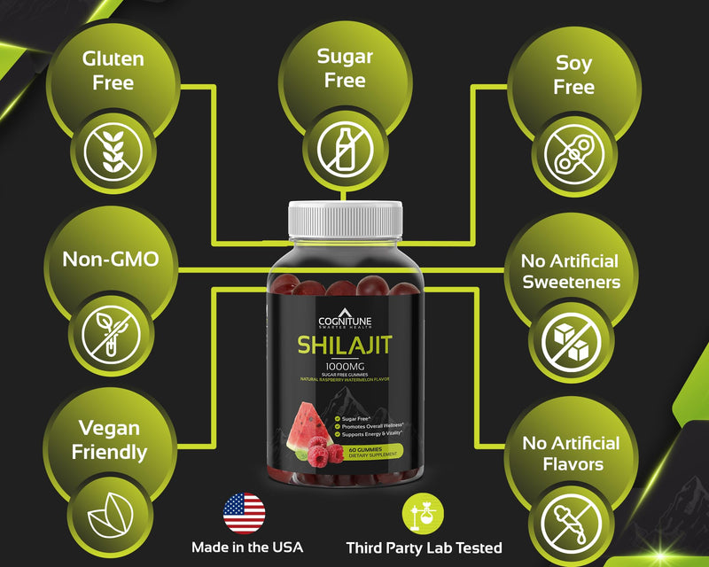 Shilajit Gummies 1000mg – Himalayan Shilajit with Fulvic Acid | Raspberry-Watermelon, Vegan, Sugar-Free