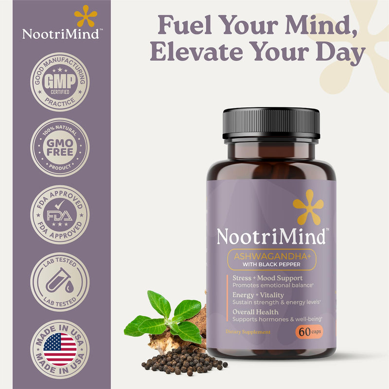 nootrimind Organic Ashwagandha Extra Strength – Stress, Mood & Energy Support with Black Pepper | 60 Capsules | Non-GMO, Vegan, Gluten Free