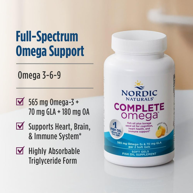Nordic Naturals Complete Omega Lemon Flavor — 180 Soft Gels (565 mg Omega-3) | EPA & DHA + GLA | Non-GMO