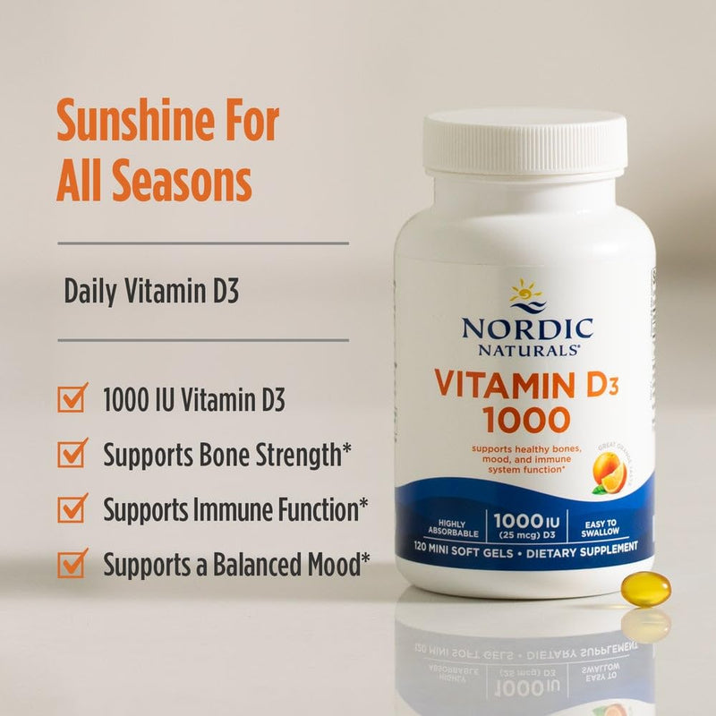 Nordic Naturals Vitamin D3 1000 Orange – 120 Mini Soft Gels | 1000 IU D3 for Bone, Mood & Immune Support