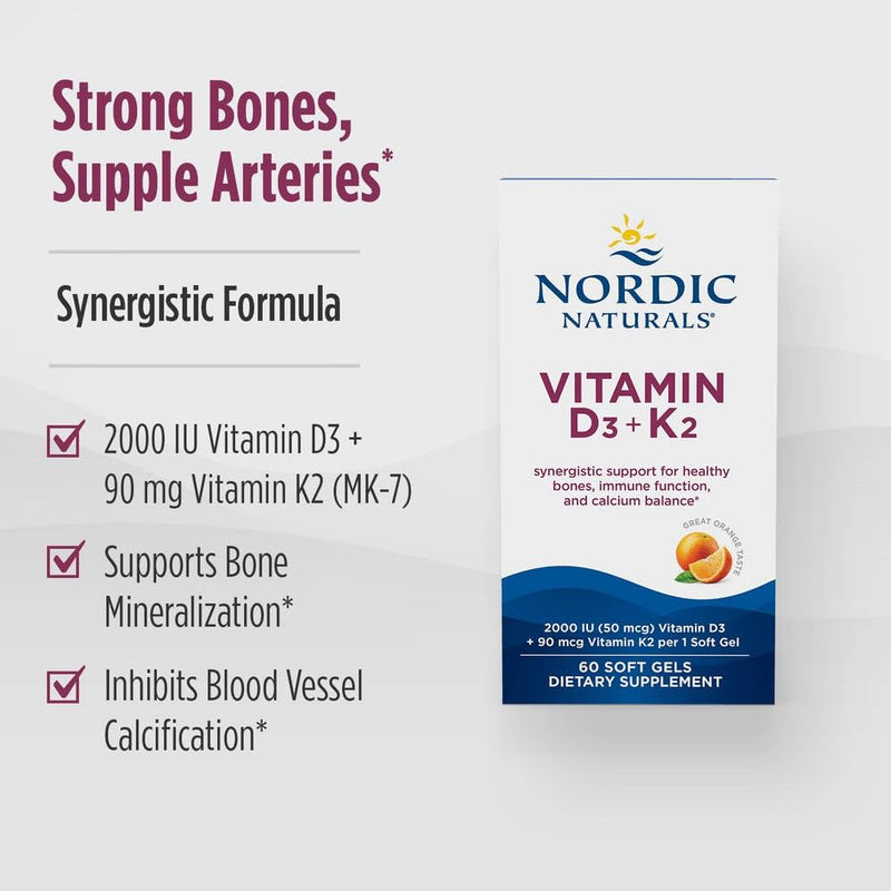 Nordic Naturals Vitamin D3 + K2 Orange Taste – 60 Soft Gels (Pack of 2) | Supports Bones, Immune Function & Calcium Balance
