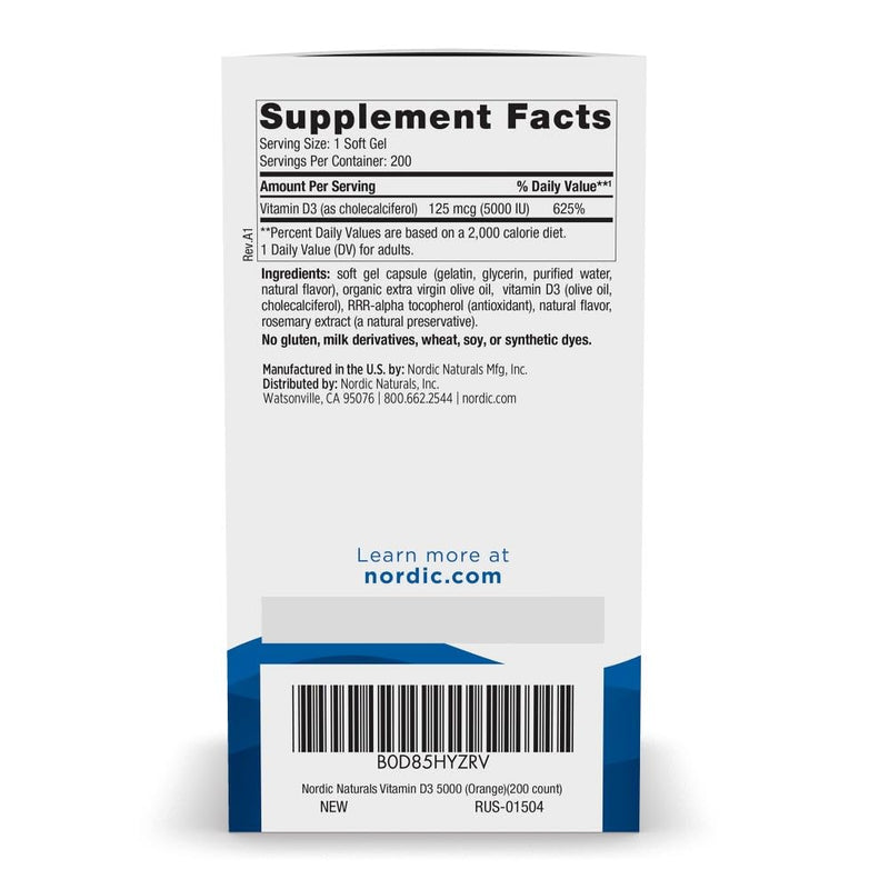 Nordic Naturals Vitamin D3 5000 IU Orange – 200 Mini Soft Gels | Supports Bones, Immunity & Mood | Vegetarian & Non-GMO