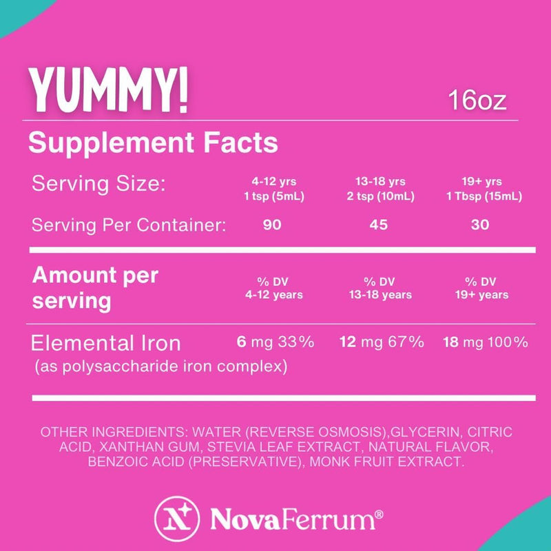 NovaFerrum Yummy 16oz Liquid Iron Supplement for Ages 4+ | 18mg Iron per Tbsp | Gluten Free | Sugar Free | Raspberry Grape