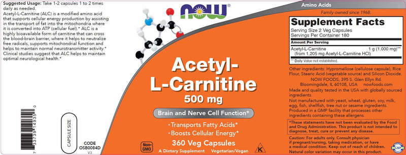 NOW Foods Acetyl-L-Carnitine 500 mg - 360 Veg Capsules | Non-GMO, Kosher, Dairy-Free