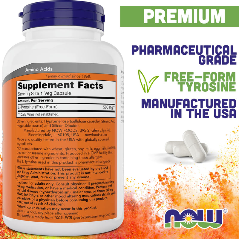 NOW Foods L-Tyrosine 500mg – 300 Capsules (Pack of 2) | Non-GMO