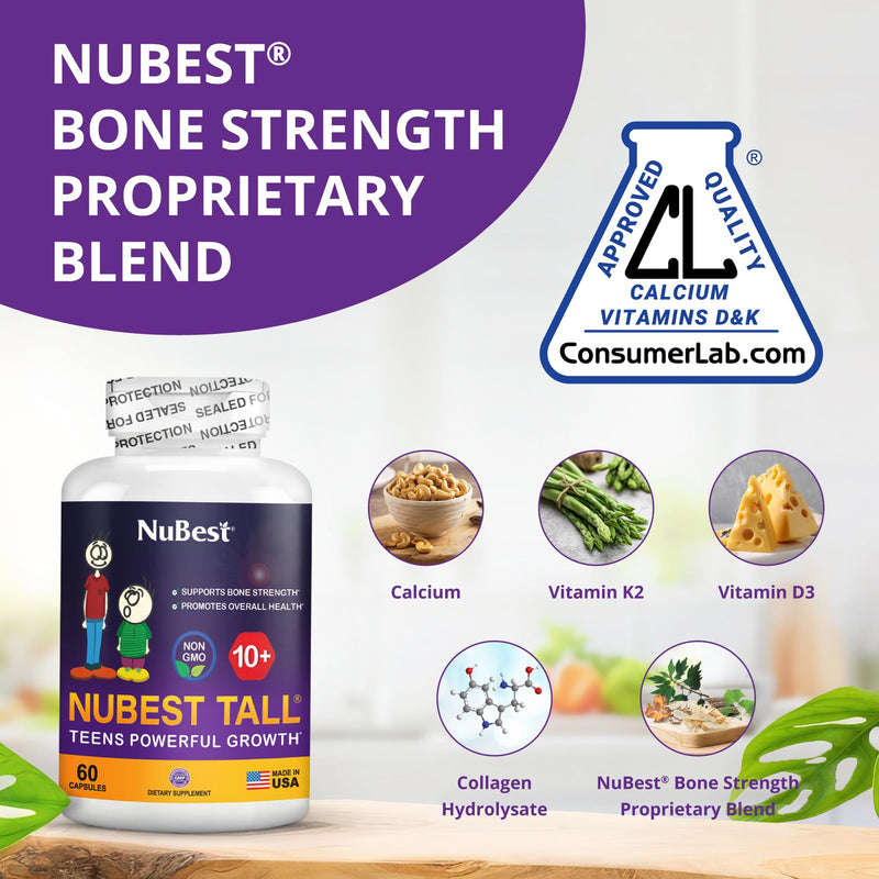 NuBest Tall 10+ Premium Bone Strength Formula for Ages 10+ — Calcium, D3 & K2 | 60 Capsules