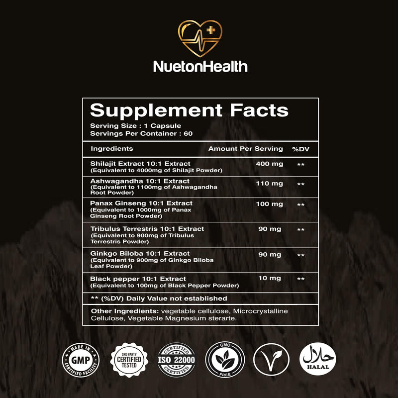 NuetonHealth Shilajit Fusion Capsules – Vegan, Gluten-Free Vitality Blend