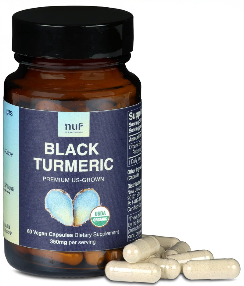 NUF Organic Black Turmeric 350mg Capsules – US Grown, Vegan, Gluten Free, Non-GMO