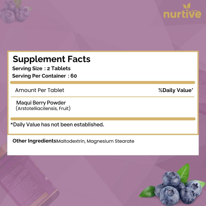 NURTIVE Maqui Berry Tablets - 1000 mg/Serving, 120 Tablets, 10:1 Extract | Vegan & Gluten-Free