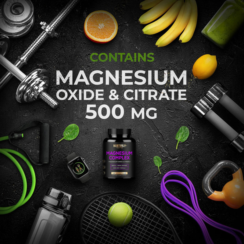 Nurturly Magnesium Citrate & Oxide 500mg Complex – High Absorption, 240 Vegan Capsules