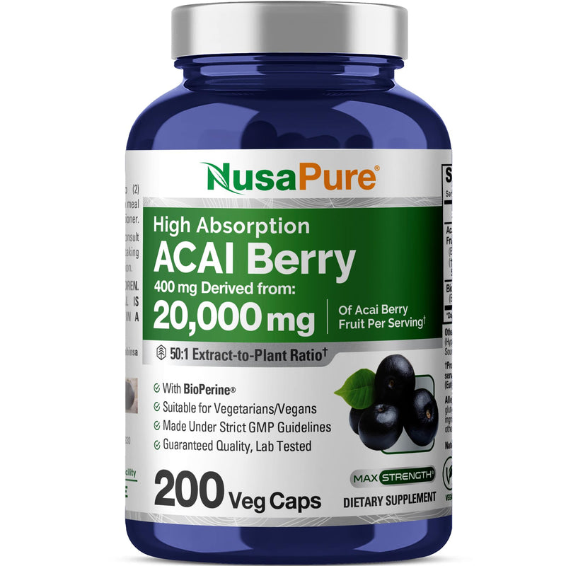 NusaPure Acai Berry 50:1 Extract – 20000 mg per Serving, 200 Veggie Capsules