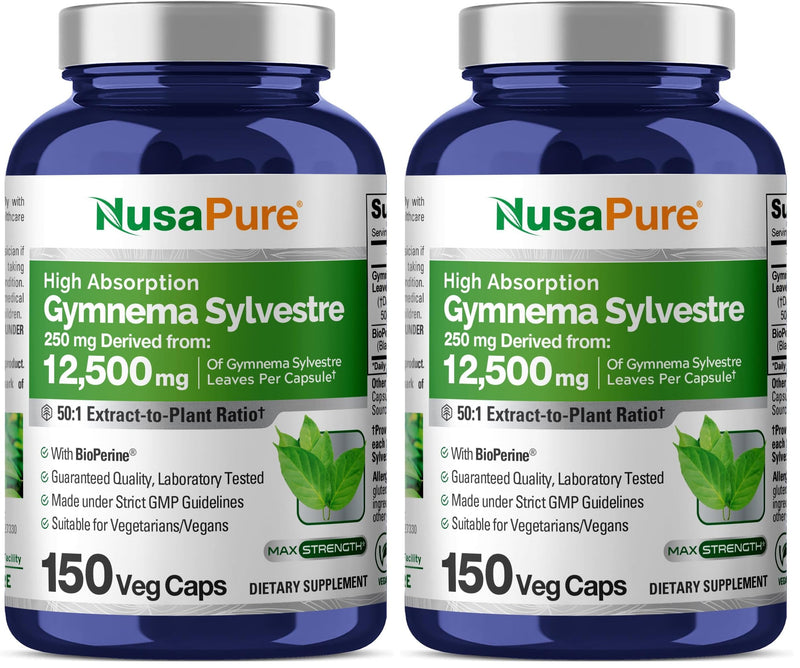 NusaPure Gymnema Sylvestre 50:1 Extract - 12,500 mg per Capsule, 150 Vegan Caps (Pack of 2) - Bioperine
