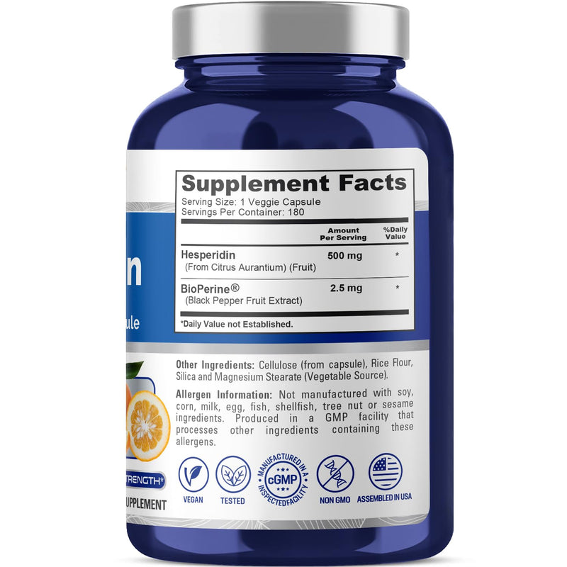 NusaPure Hesperidin 500 mg Veggie Caps – 180 Count | BioPerine, High Absorption, Non-GMO