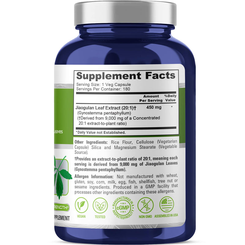 NusaPure Jiaogulan 20:1 Extract - 450 mg per Capsule, 180 Veggie Capsules (Vegan, Non-GMO)