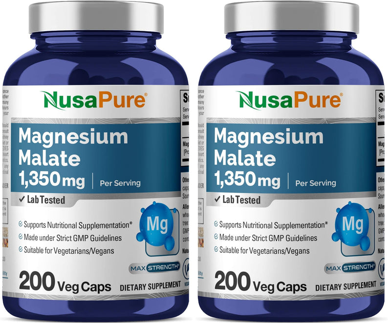 NusaPure Magnesium Malate 1350mg | 200 Veggie Capsules | Vegan Non-GMO Pack of 2