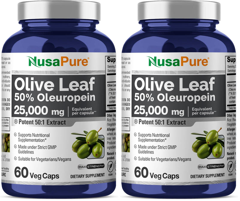NusaPure Olive Leaf 50:1 Extract – 500 mg per Capsule (Equivalent to 25,000 mg) | 50% Oleuropein, Vegan, No Oil, 60 Capsules (Pack of 2)