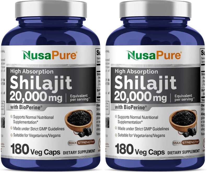 NusaPure Shilajit 20,000mg per Serving – 180 Veggie Caps – Pack of 2 | Non-GMO, Gluten Free, Bioperine