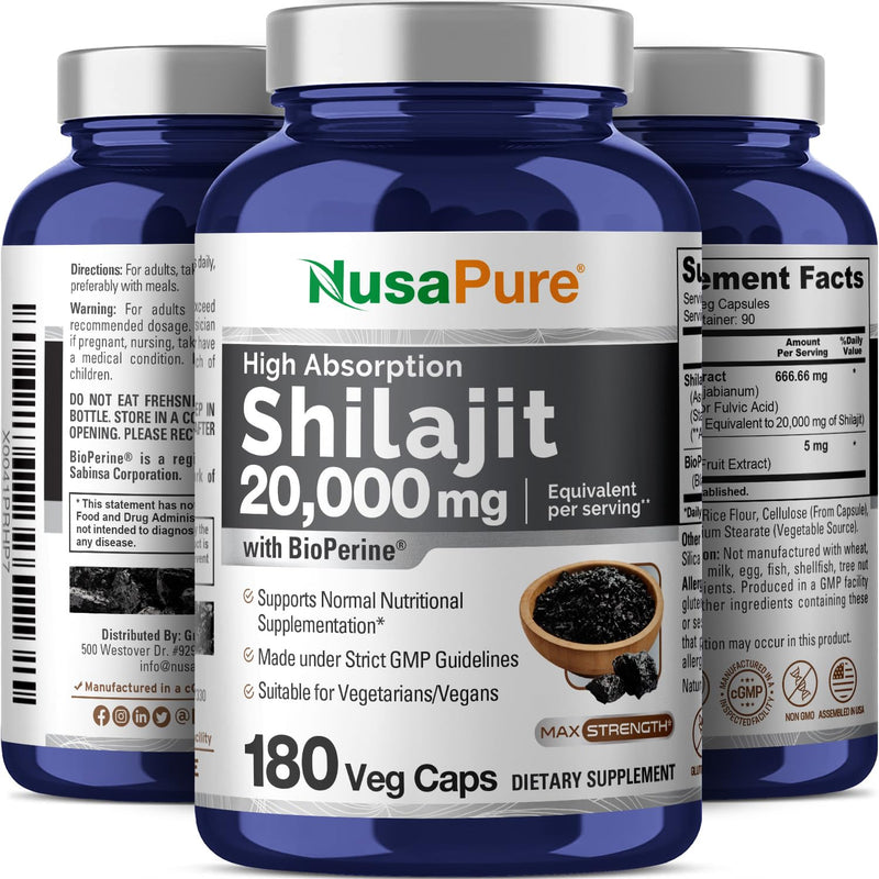 NusaPure Shilajit 20,000mg per Serving – 180 Veggie Caps – Pack of 2 | Non-GMO, Gluten Free, Bioperine