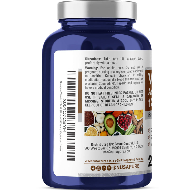 NusaPure Vitamin K2 MK-7 120 mcg – 200 Veggie Caps (Soy Free, Non-GMO, Vegan) Pack of 2
