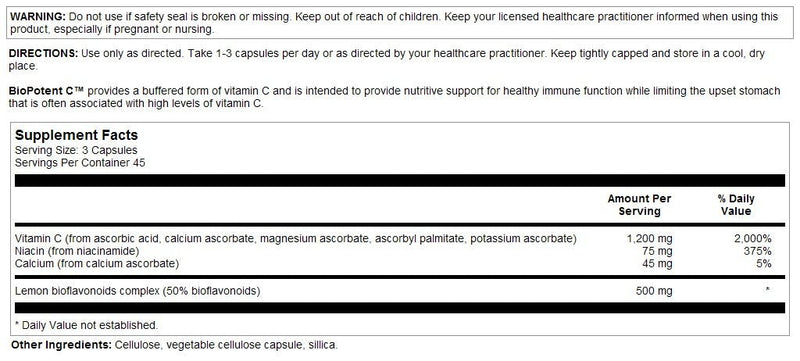 Nutra BioGenesis BioPotent C Vitamin C Capsules – Immune Support, 1200 mg, Vegan, 135 Vegetarian Capsules
