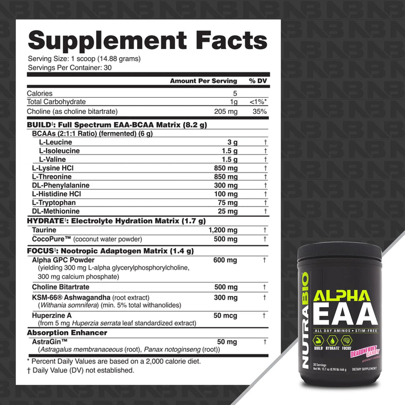 NutraBio Alpha EAA – All-Day Amino Acids for Recovery, Hydration & Focus | Dragon Fruit