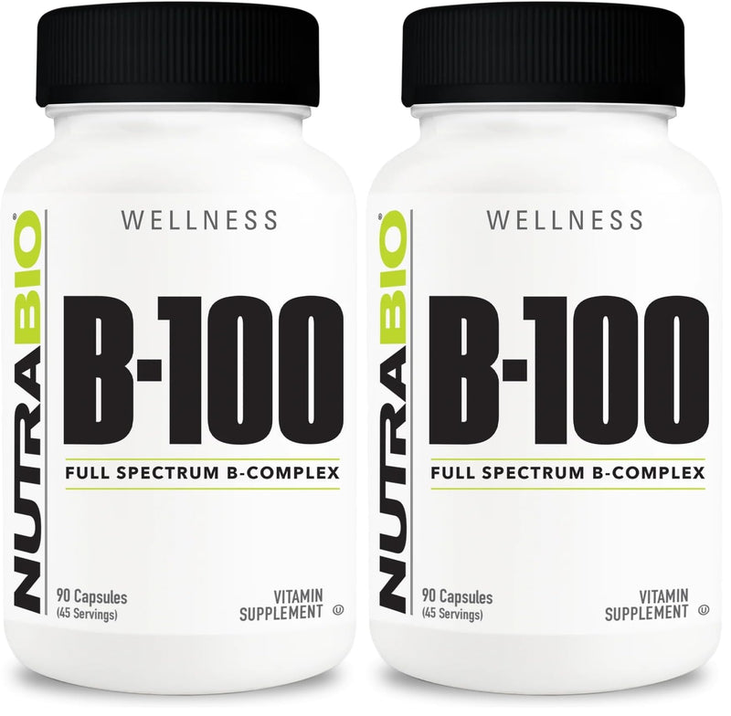 NutraBio B-100 B Vitamin Complex – Immune Support & Hair, Skin, Nails | 90 Veg Capsules (Pack of 2)