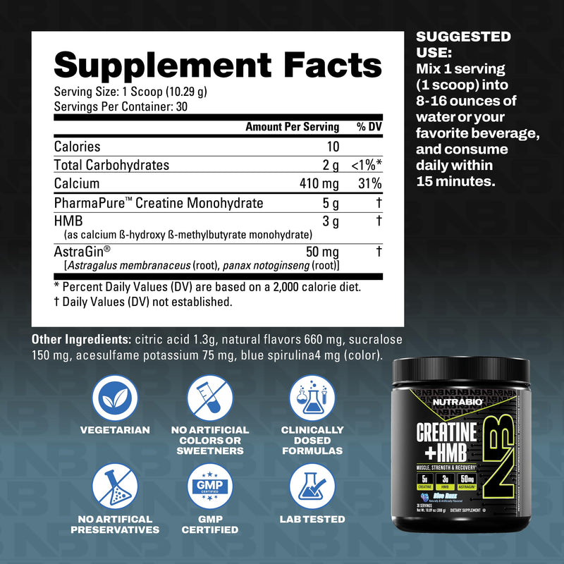 NutraBio Creatine + HMB Powder | Creatine Monohydrate with HMB for Muscle Growth – 30 Servings (Blue Razz)