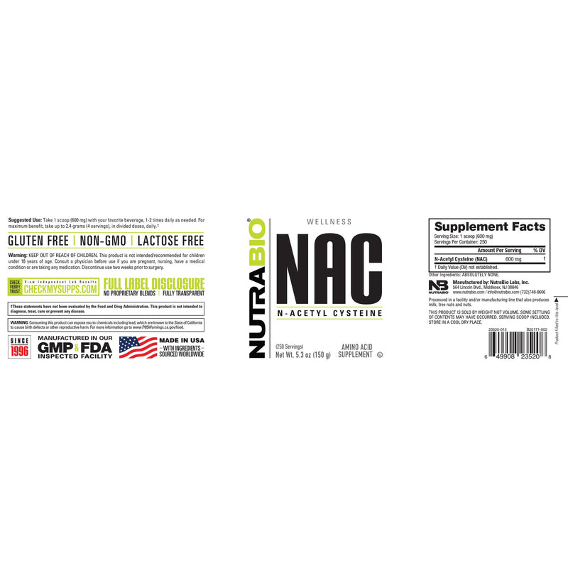 NutraBio N-Acetyl Cysteine (NAC) Supplement – 150g Powder, 600mg Serving – Immune Support & Antioxidant