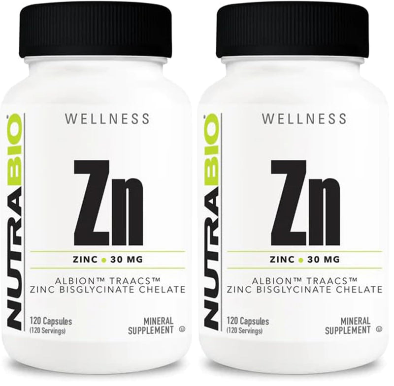 NutraBio Zinc Chelate Mineral Supplement – 30 mg Zinc per Capsule, Albion Zinc Bisglycinate, 120 Veg Capsules (Pack of 2)