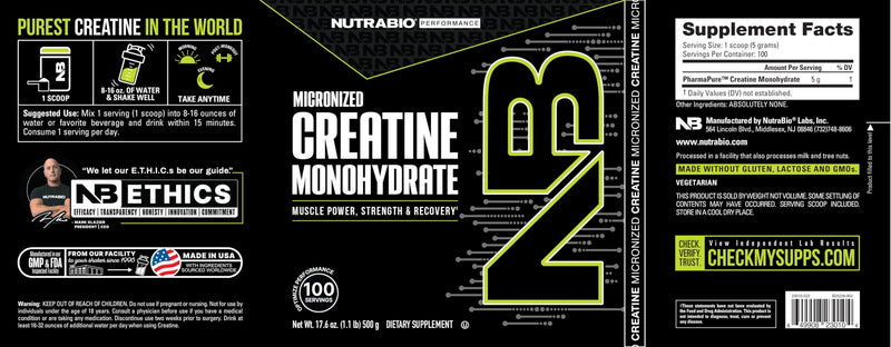 NutraBio Pure Micronized Creatine Monohydrate Powder – Unflavored, 500 g