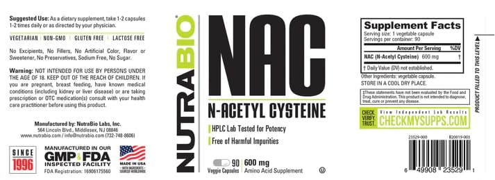 NutraBio NAC 600mg - 90 Capsules (Pack of 2) | Immune Support & Glutathione Boost
