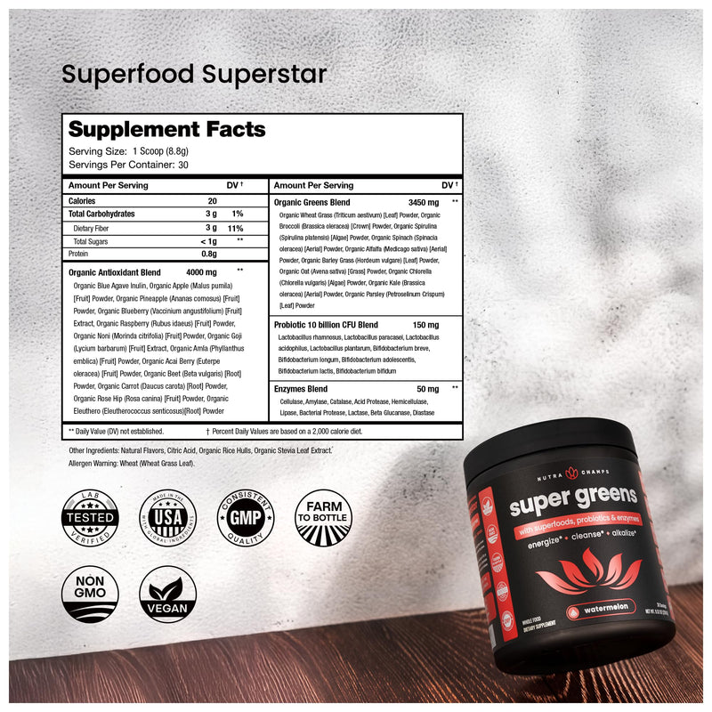 NutraChamps Super Greens Powder Premium Superfood | 20+ Organic Greens & Probiotic Blends | Watermelon