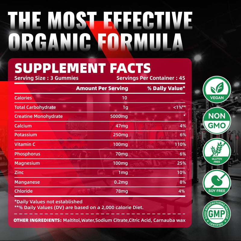 NUTRAGOGO Creatine Monohydrate Gummies – 5g/Serving, Sugar Free, Vegan, 135 Count