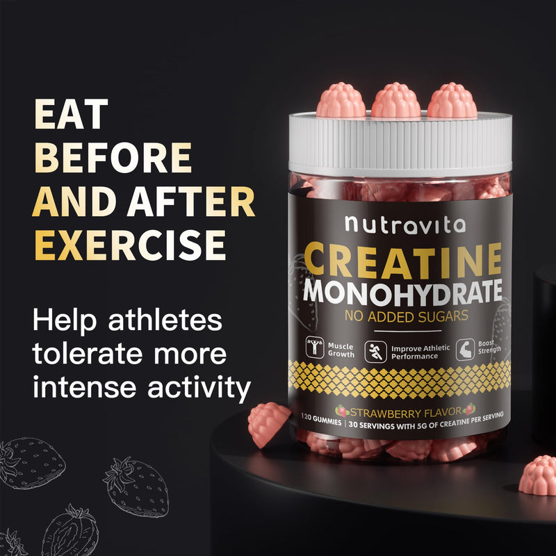 Nutravita Creatine Monohydrate Gummies - Strawberry, Vegan, Sugar-Free, 120 Count