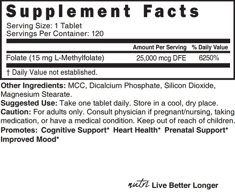 5-MTHF L-Methylfolate 15mg - 120 Vegan Tablets | 3rd-Party Tested