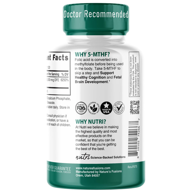 5-MTHF L-Methylfolate 15mg - 120 Vegan Tablets | 3rd-Party Tested