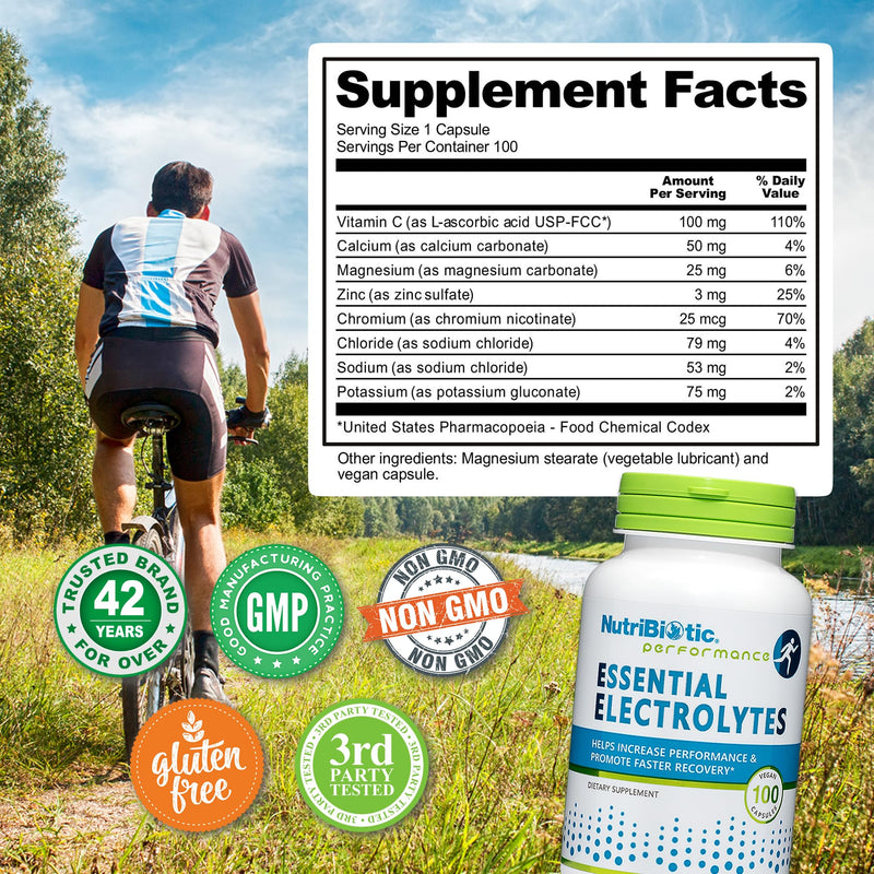 NutriBiotic Essential Electrolytes, 100 Ct Capsules | Hydration, Performance & Recovery