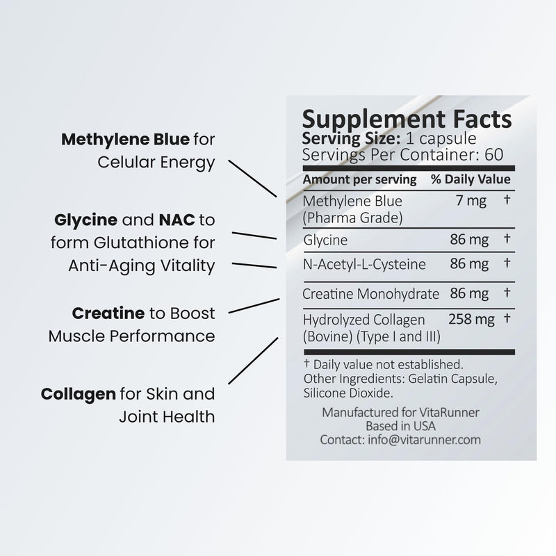 Nutricel GlyNAC Methylene Blue Capsules – 7mg USP, Glycine, NAC, Collagen & Creatine – Made in USA, 60ct