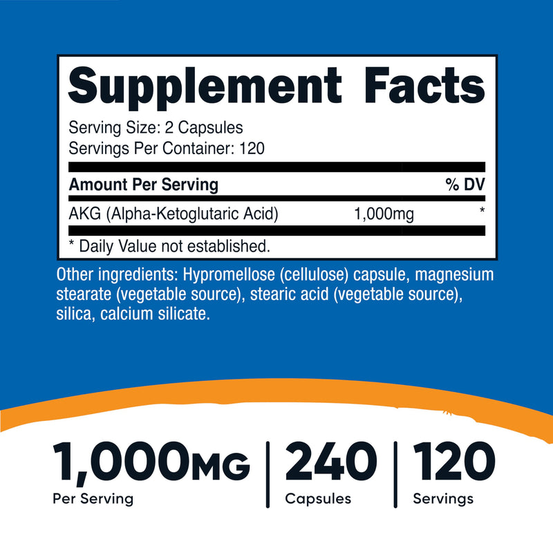 Nutricost AKG Alpha Ketoglutaric Acid 1,000 mg | 240 Capsules | 120 Servings | Energy Support
