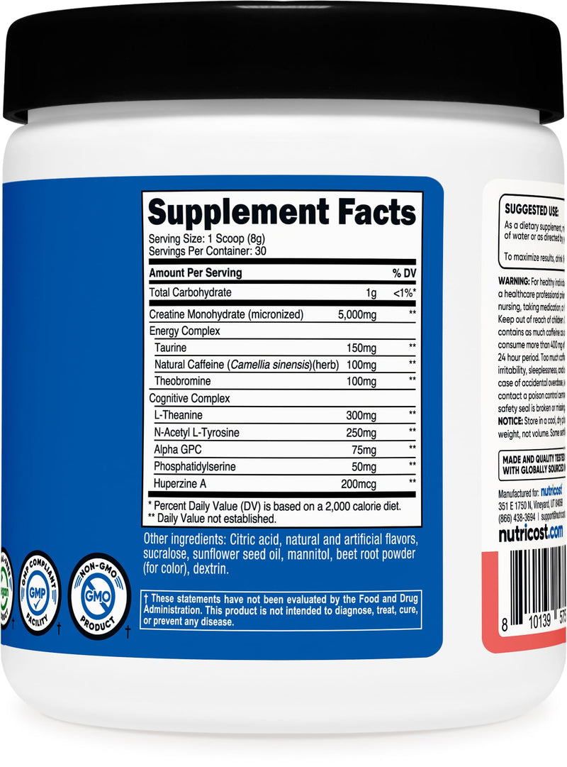 Nutricost Creatine + Energy 30 Servings – Watermelon | 5,000mg Creatine Monohydrate + 350mg Energy
