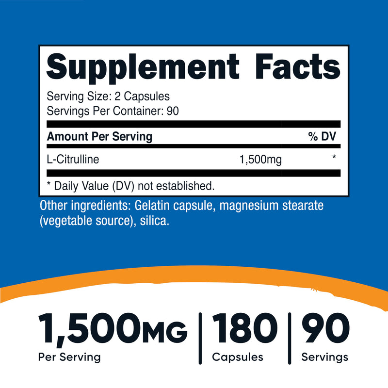 Nutricost L-Citrulline 1500mg – 180 Capsules | 750mg/Cap | Gluten Free, Non-GMO | Packaging May Vary