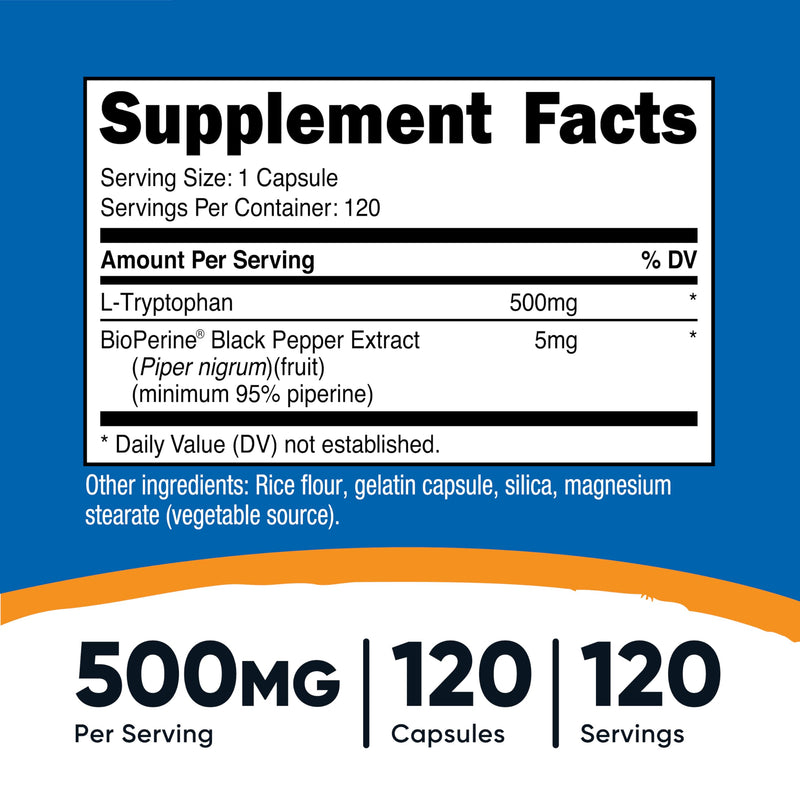 Nutricost L-Tryptophan 500mg – 120 Capsules per Bottle, with BioPerine, Gluten Free, Non-GMO (Pack of 2)
