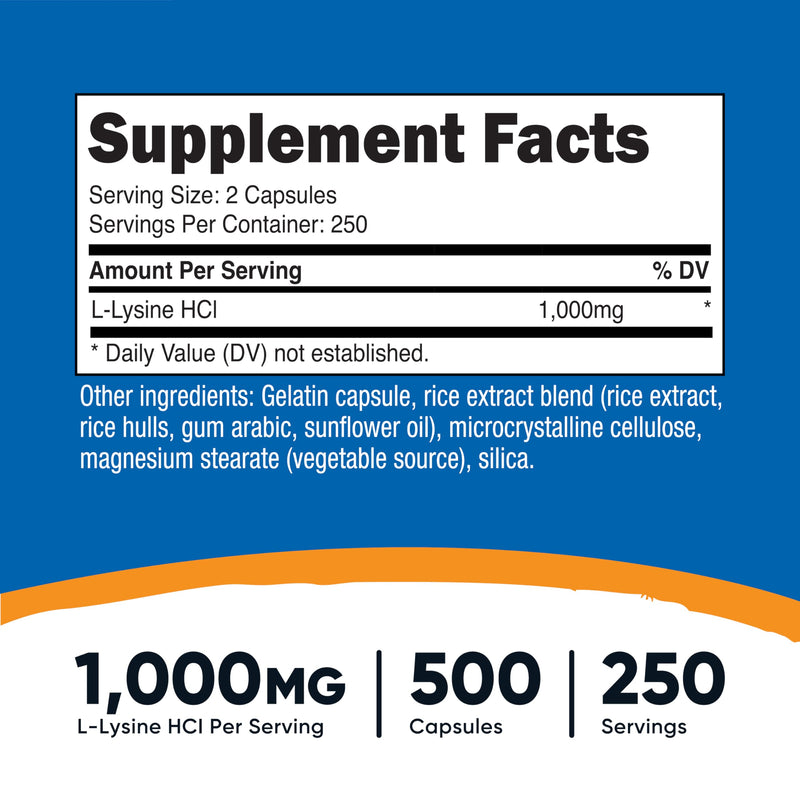 Nutricost L-Lysine 1000mg per Serving – 250 Servings, 500 Capsules – Gluten Free & Non-GMO